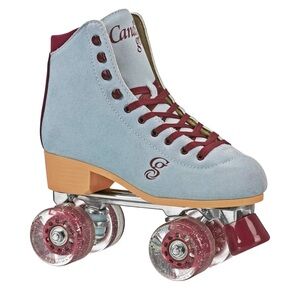 Classic Blue Roller Skates with Burgundy Accents
